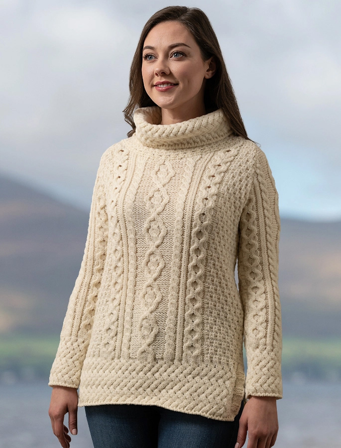 ARAN COWL NECK TUNIC SWEATER